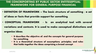 THE CONCREPORTING BY PUBLIC SECTOR ENTITESEPTUAL
FRAMEWORK FOR GENERAL PURPOSE FINANCIAL
• DEFINITON OF FRAMEWORK – The basic structure of something : a set
of ideas or facts that provide support for something.
• CONCEPTUAL FRAMEWORK - Is an analytical tool with several
variations and contexts. It is used to make conceptual distinctions and
organize ideas.
16/05/2016 12
• It describes the objective of, and the concepts for general purpose
for something.
• It is a theoretical structure of assumptions, principles, and rules
that holds together the ideas comprising a broad concept
 