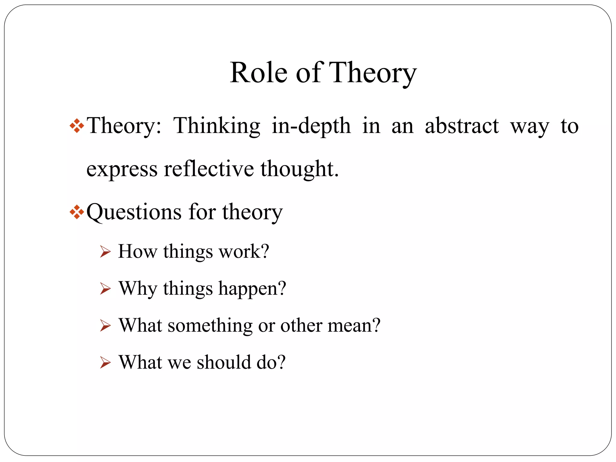 Role of Theory
Theory: Thinking in-depth in an abstract way to
express reflective thought.
Questions for theory
 How things work?
 Why things happen?
 What something or other mean?
 What we should do?
 