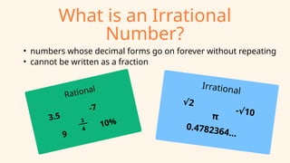 What is an Irrational
Number?
• numbers whose decimal forms go on forever without repeating
• cannot be written as a fraction
3.5
10%
-7
9
Rational
3
4
√2
- 10
√
π
0.4782364...
Irrational
 