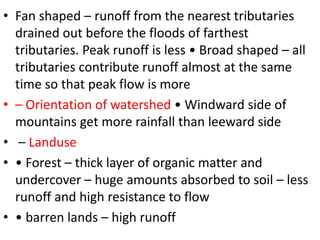 .• Fan shaped – runoff from the nearest tributaries
drained out before the floods of farthest
tributaries. Peak runoff is less • Broad shaped – all
tributaries contribute runoff almost at the same
time so that peak flow is more
• – Orientation of watershed • Windward side of
mountains get more rainfall than leeward side
• – Landuse
• • Forest – thick layer of organic matter and
undercover – huge amounts absorbed to soil – less
runoff and high resistance to flow
• • barren lands – high runoff
 
