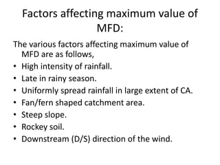 Factors affecting maximum value of
MFD:
The various factors affecting maximum value of
MFD are as follows,
• High intensity of rainfall.
• Late in rainy season.
• Uniformly spread rainfall in large extent of CA.
• Fan/fern shaped catchment area.
• Steep slope.
• Rockey soil.
• Downstream (D/S) direction of the wind.
 