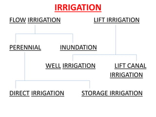 IRRIGATION
FLOW IRRIGATION LIFT IRRIGATION
PERENNIAL INUNDATION
WELL IRRIGATION LIFT CANAL
IRRIGATION
DIRECT IRRIGATION STORAGE IRRIGATION
 
