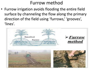 Furrow method
• Furrow irrigation avoids flooding the entire field
surface by channeling the flow along the primary
direction of the field using ‘furrows,’ ‘grooves’,
‘lines’.
 