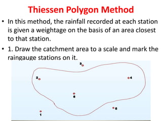 Thiessen Polygon Method
• In this method, the rainfall recorded at each station
is given a weightage on the basis of an area closest
to that station.
• 1. Draw the catchment area to a scale and mark the
raingauge stations on it.
 