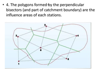 .• 4. The polygons formed by the perpendicular
bisectors (and part of catchment boundary) are the
influence areas of each stations.
 