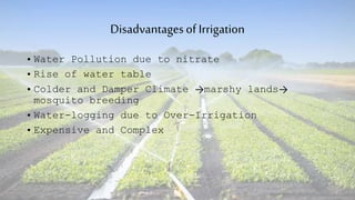 Disadvantagesof Irrigation
• Water Pollution due to nitrate
• Rise of water table
• Colder and Damper Climate →marshy lands→
mosquito breeding
• Water-logging due to Over-Irrigation
• Expensive and Complex
 