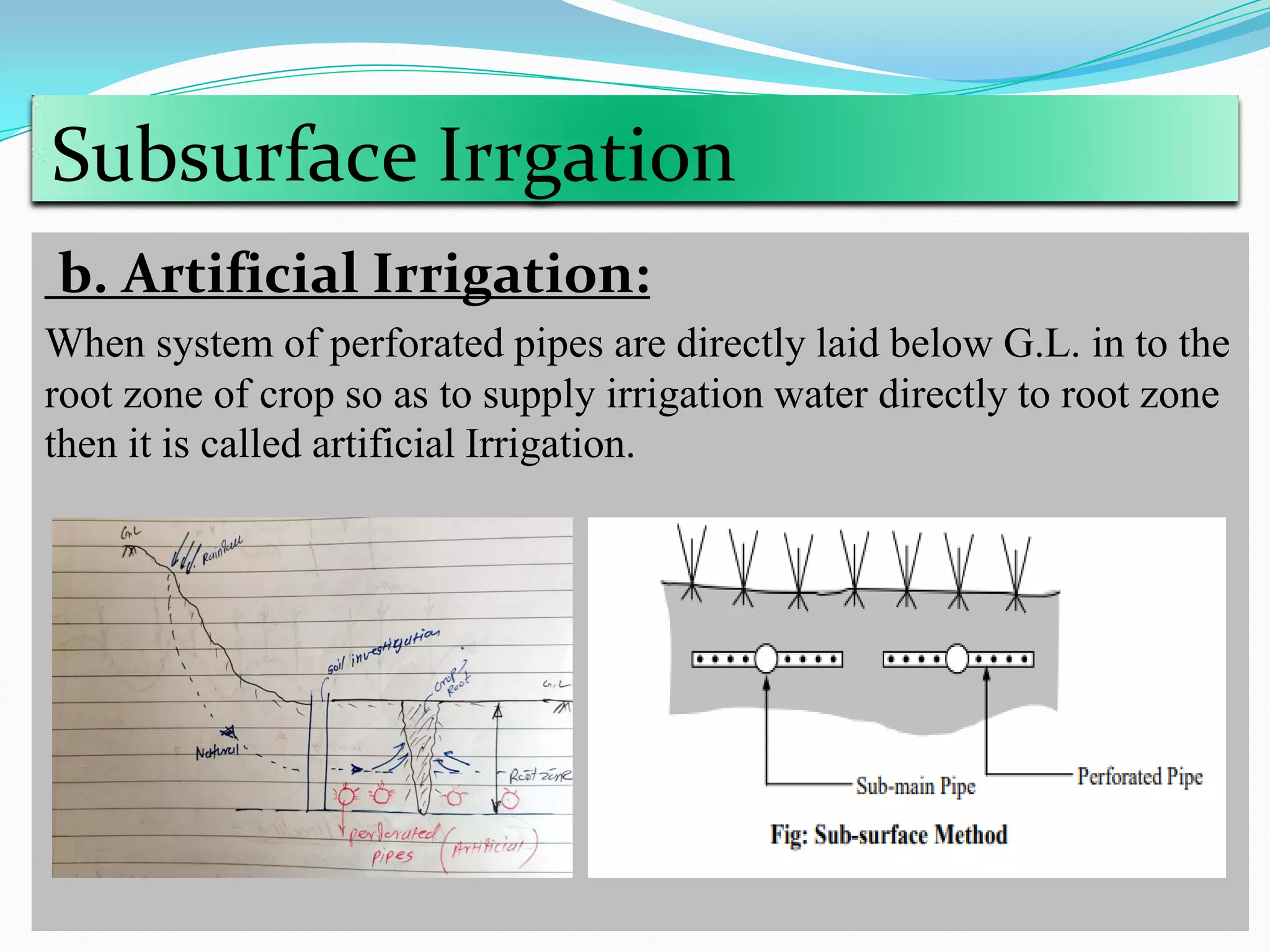 Subsurface Irrgation
b. Artificial Irrigation:
When system of perforated pipes are directly laid below G.L. in to the
root zone of crop so as to supply irrigation water directly to root zone
then it is called artificial Irrigation.
 