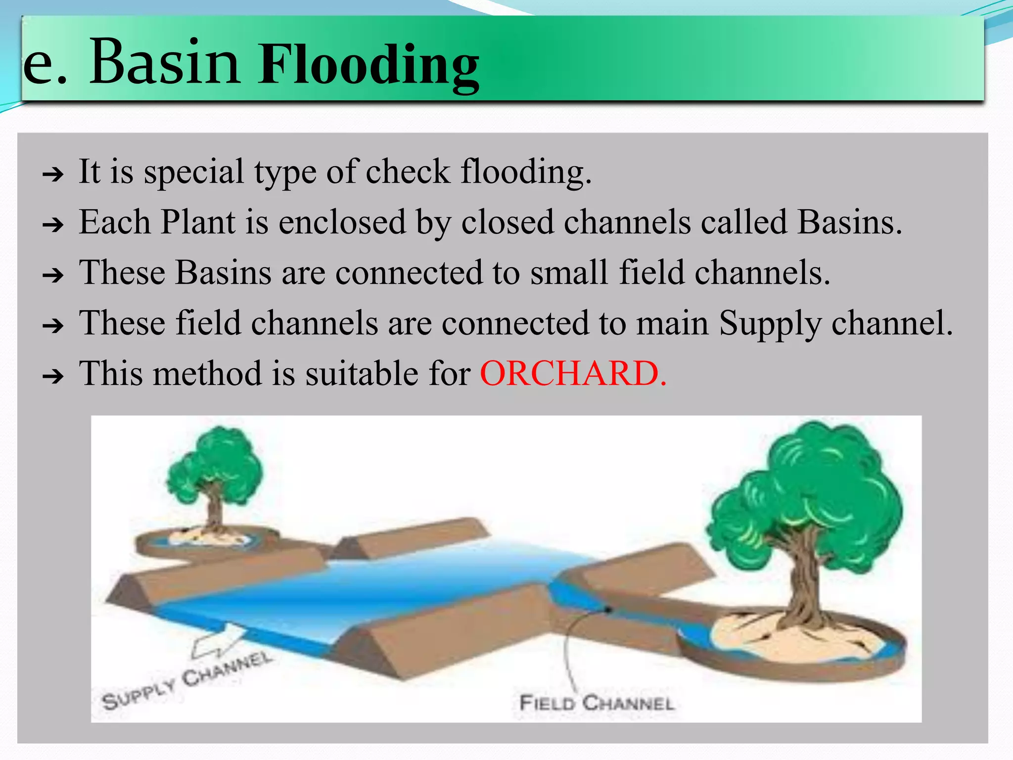 e. Basin Flooding
➔ It is special type of check flooding.
➔ Each Plant is enclosed by closed channels called Basins.
➔ These Basins are connected to small field channels.
➔ These field channels are connected to main Supply channel.
➔ This method is suitable for ORCHARD.
 