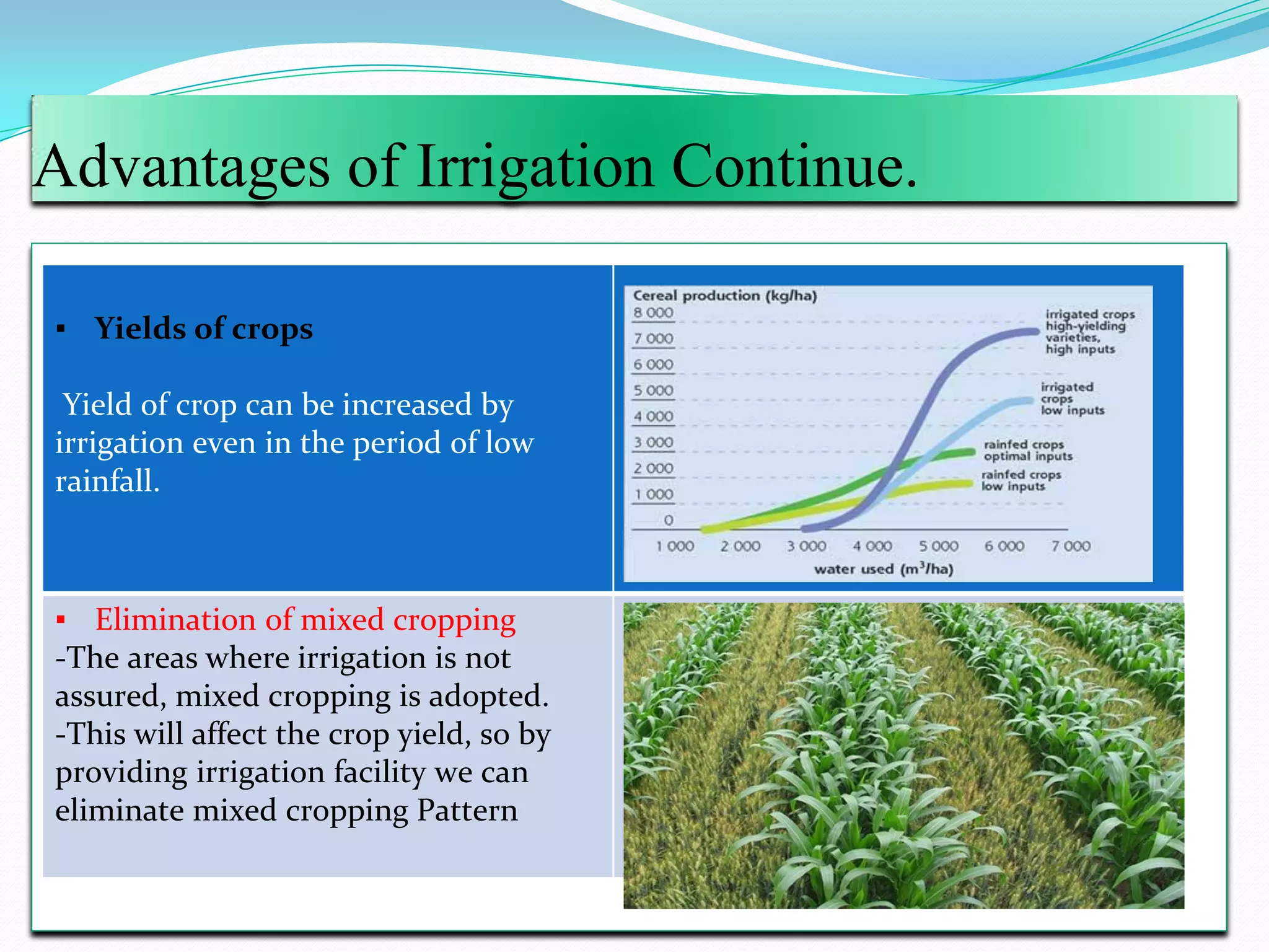 Advantages of Irrigation Continue.
▪ Yields of crops
Yield of crop can be increased by
irrigation even in the period of low
rainfall.
▪ Elimination of mixed cropping
-The areas where irrigation is not
assured, mixed cropping is adopted.
-This will affect the crop yield, so by
providing irrigation facility we can
eliminate mixed cropping Pattern
 