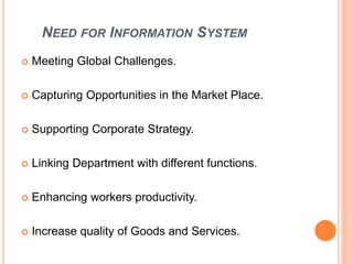 NEED FOR INFORMATION SYSTEM
 Meeting Global Challenges.
 Capturing Opportunities in the Market Place.
 Supporting Corporate Strategy.
 Linking Department with different functions.
 Enhancing workers productivity.
 Increase quality of Goods and Services.
 