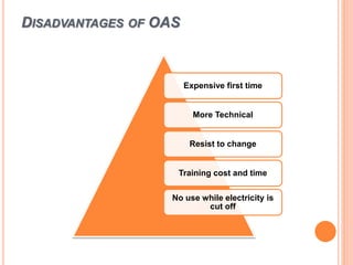 DISADVANTAGES OF OAS
Expensive first time
More Technical
Resist to change
Training cost and time
No use while electricity is
cut off
 