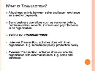 WHAT IS TRANSACTION?
 A business activity between seller and buyer exchange
an asset for payments.
 Basic business operations such as customer orders,
purchase orders, receipts, invoices and payroll checks
in an organisation.
 TYPES OF TRANSACTIONS:
 Internal Transaction: activities done with in an
organisation. E.g. recruitment policy, production policy.
 External Transaction: activities done outside the
organisation with external sources. E.g. sales and
purchase.
 