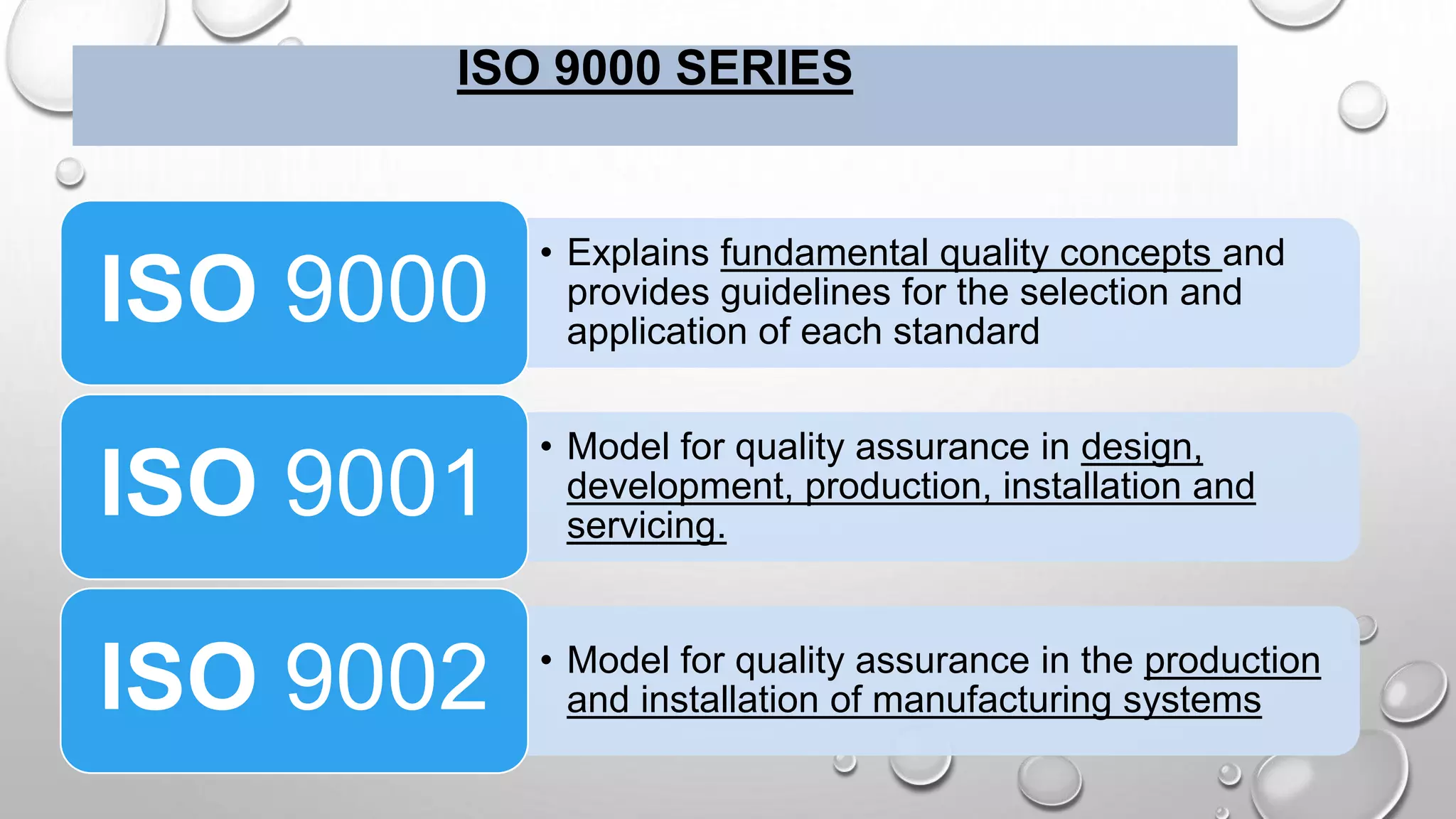 ISO 9000 SERIES
• Explains fundamental quality concepts and
provides guidelines for the selection and
application of each standard
ISO 9000
• Model for quality assurance in design,
development, production, installation and
servicing.
ISO 9001
• Model for quality assurance in the production
and installation of manufacturing systemsISO 9002
 