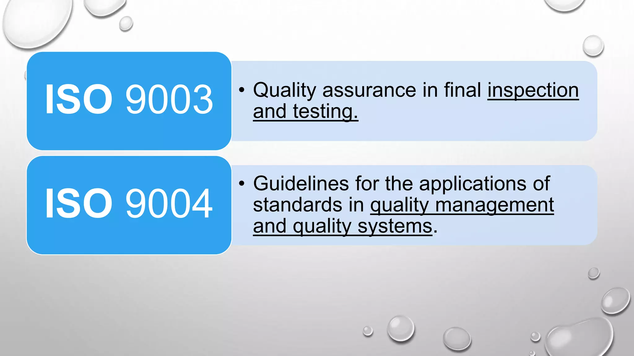 • Quality assurance in final inspection
and testing.ISO 9003
• Guidelines for the applications of
standards in quality management
and quality systems.
ISO 9004
 