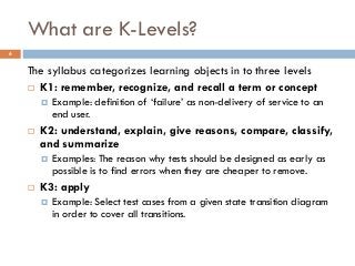 What are K-Levels?
The syllabus categorizes learning objects in to three levels
 K1: remember, recognize, and recall a term or concept
 Example: definition of ‘failure’ as non-delivery of service to an
end user.
 K2: understand, explain, give reasons, compare, classify,
and summarize
 Examples: The reason why tests should be designed as early as
possible is to find errors when they are cheaper to remove.
 K3: apply
 Example: Select test cases from a given state transition diagram
in order to cover all transitions.
6
 