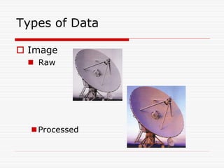 Types of Data

 Image
  Raw




   Processed
 