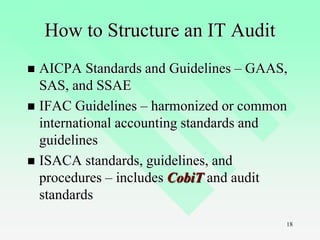 18
How to Structure an IT Audit
 AICPA Standards and Guidelines – GAAS,
SAS, and SSAE
 IFAC Guidelines – harmonized or common
international accounting standards and
guidelines
 ISACA standards, guidelines, and
procedures – includes CobiT and audit
standards
 