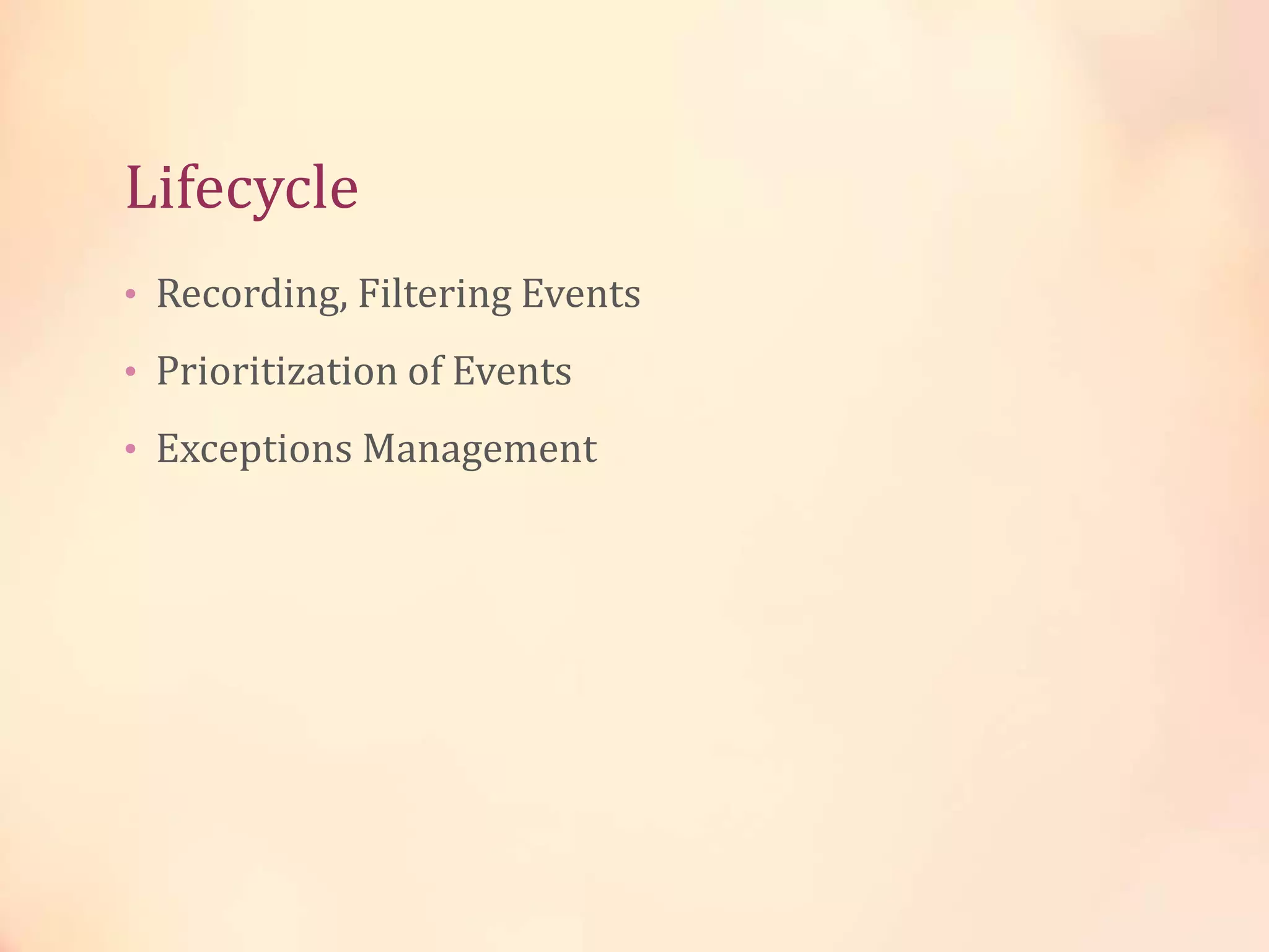 Lifecycle
• Recording, Filtering Events
• Prioritization of Events
• Exceptions Management
 