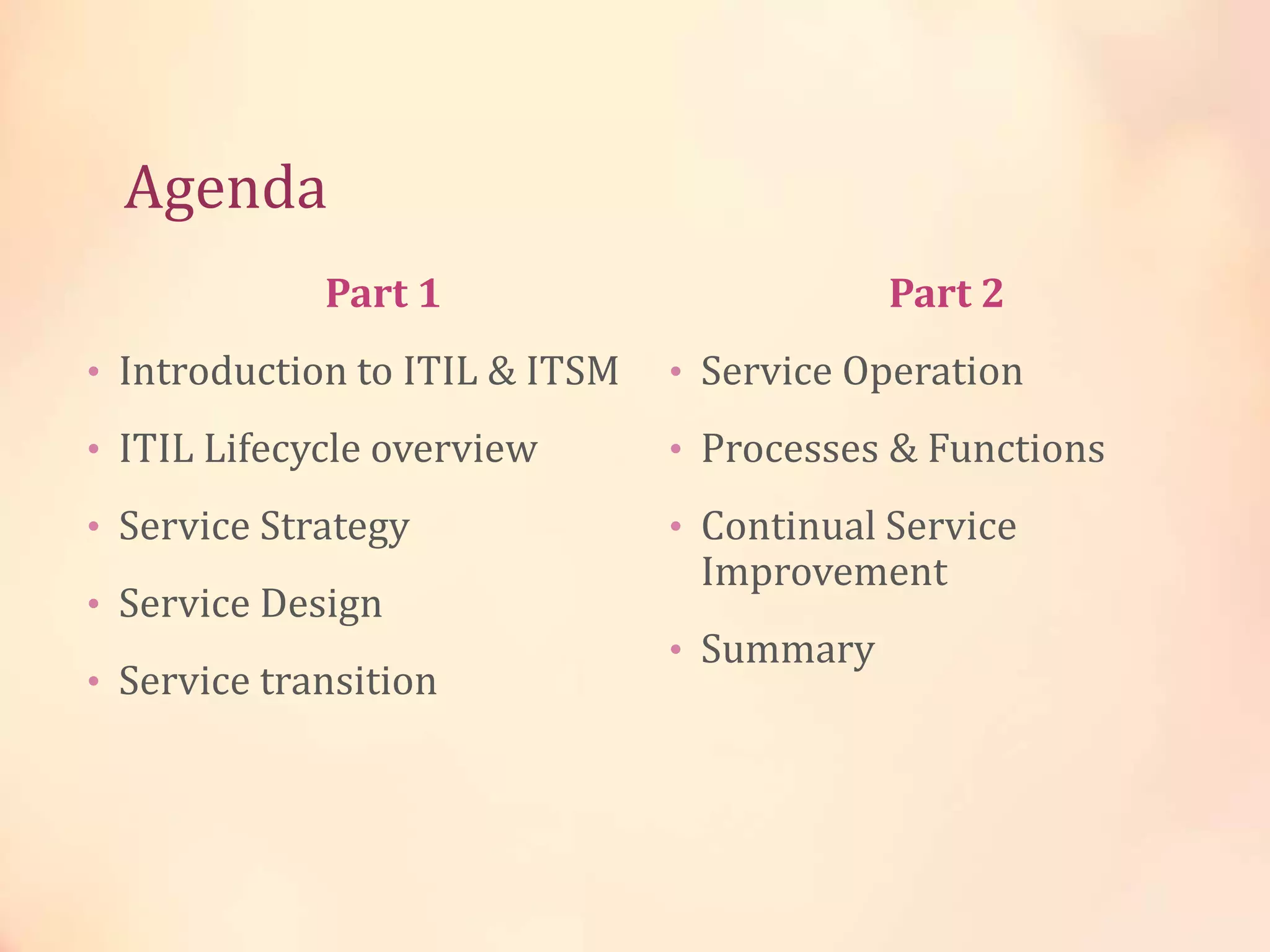 Agenda
Part 1
• Introduction to ITIL & ITSM
• ITIL Lifecycle overview
• Service Strategy
• Service Design
• Service transition
Part 2
• Service Operation
• Processes & Functions
• Continual Service
Improvement
• Summary
 