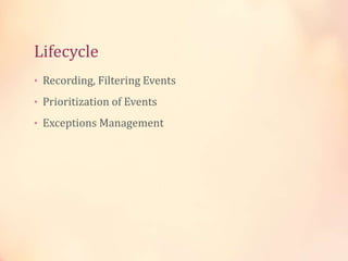 Lifecycle
• Recording, Filtering Events
• Prioritization of Events
• Exceptions Management
 