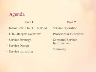 Agenda
Part 1
• Introduction to ITIL & ITSM
• ITIL Lifecycle overview
• Service Strategy
• Service Design
• Service transition
Part 2
• Service Operation
• Processes & Functions
• Continual Service
Improvement
• Summary
 