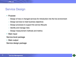 ITIL v3
Service Management
21
21
Service Design
 Purpose
– Design of new or changed services for introduction into the live environment
– Design services to meet business objectives
– Design processes to support the service lifecycle
– Identify and manage risks
– Design measurement methods and metrics
 Main input
Service level package
 Main output
Service design package
 