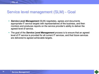 ITIL v3
Service Management
24
Service level management (SLM) - Goal
 Service Level Management (SLM) negotiates, agrees and documents
appropriate IT service targets with representatives of the business, and then
monitors and produces reports on the service provider’s ability to deliver the
agreed level of service.
 The goal of the Service Level Management process is to ensure that an agreed
level of IT service is provided for all current IT services, and that future services
are delivered to agreed achievable targets.
 