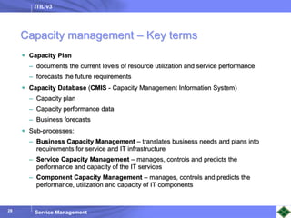 ITIL v3
Service Management
28
28
Capacity management – Key terms
 Capacity Plan
– documents the current levels of resource utilization and service performance
– forecasts the future requirements
 Capacity Database (CMIS - Capacity Management Information System)
– Capacity plan
– Capacity performance data
– Business forecasts
 Sub-processes:
– Business Capacity Management – translates business needs and plans into
requirements for service and IT infrastructure
– Service Capacity Management – manages, controls and predicts the
performance and capacity of the IT services
– Component Capacity Management – manages, controls and predicts the
performance, utilization and capacity of IT components
 