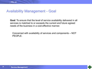 ITIL v3
Service Management
35
35
Goal: To ensure that the level of service availability delivered in all
services is matched to or exceeds the current and future agreed
needs of the business in a cost-effective manner.
Concerned with availability of services and components – NOT
PEOPLE.
Availability Management - Goal
 