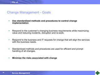 ITIL v3
Service Management
44
Change Management - Goals
 Use standardized methods and procedures to control change
implementation
 Respond to the customer’s changing business requirements while maximizing
value and reducing incidents, disruption and re-work.
 Respond to the business and IT requests for change that will align the services
with the business needs.
 Standardized methods and procedures are used for efficient and prompt
handling of all changes.
 Minimize the risks associated with change
 
