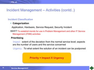 ITIL v3
Service Management
52
52
Incident Management – Activities (contd..)
Incident Classification
 Categorization
Application, Hardware, Service Request, Security Incident
WHY? To establish trends for use in Problem Management and other IT Service
Management (ITSM) activities
Prioritizing
Impact : extent of the deviation from the normal service level; aspects
are the number of users and the service concerned
Urgency : To what extent the solution of an incident can be postponed
52
Priority = Impact X Urgency
 