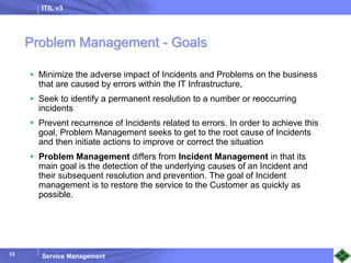 ITIL v3
Service Management
53
53
Problem Management - Goals
 Minimize the adverse impact of Incidents and Problems on the business
that are caused by errors within the IT Infrastructure,
 Seek to identify a permanent resolution to a number or reoccurring
incidents
 Prevent recurrence of Incidents related to errors. In order to achieve this
goal, Problem Management seeks to get to the root cause of Incidents
and then initiate actions to improve or correct the situation
 Problem Management differs from Incident Management in that its
main goal is the detection of the underlying causes of an Incident and
their subsequent resolution and prevention. The goal of Incident
management is to restore the service to the Customer as quickly as
possible.
 
