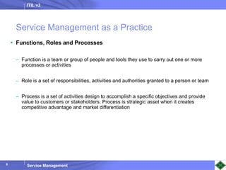 ITIL v3
Service Management
6
Service Management as a Practice
 Functions, Roles and Processes
– Function is a team or group of people and tools they use to carry out one or more
processes or activities
– Role is a set of responsibilities, activities and authorities granted to a person or team
– Process is a set of activities design to accomplish a specific objectives and provide
value to customers or stakeholders. Process is strategic asset when it creates
competitive advantage and market differentiation
 