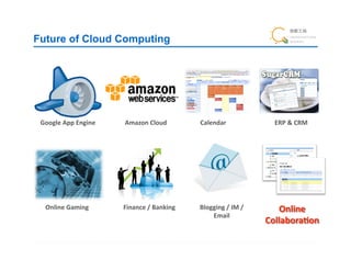 Future of Cloud Computing




 Google	
  App	
  Engine!   Amazon	
  Cloud!           Calendar!                      ERP	
  &	
  CRM!




   Online	
  Gaming!        Finance	
  /	
  Banking!   Blogging	
  /	
  IM	
  /	
  
                                                           Email!
 