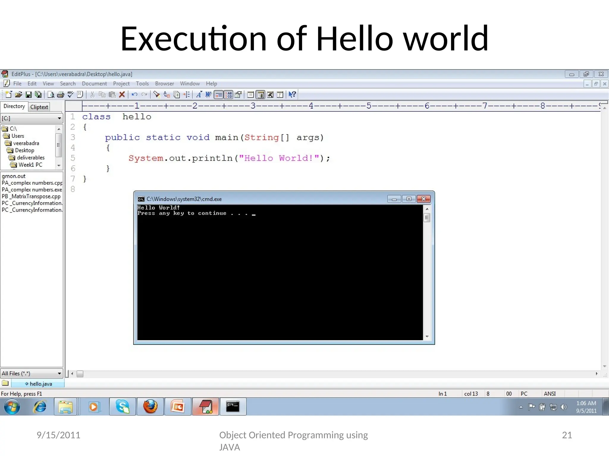 Execution of Hello world
Program
9/15/2011 Object Oriented Programming using
JAVA
21
 