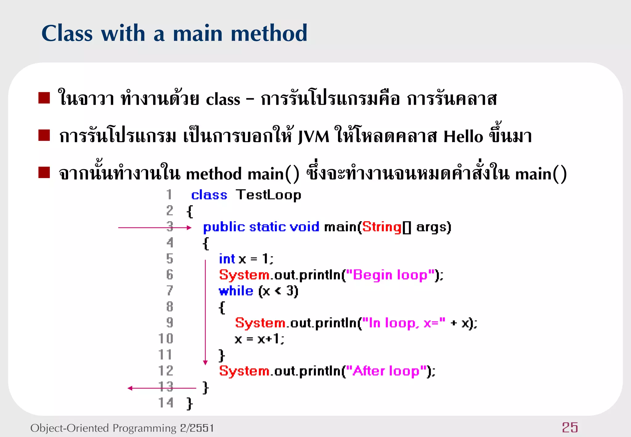 Class with a main method
  ในจาวา ทางานด้วย class – การรันโปรแกรมคือ การรันคลาส
  การรันโปรแกรม เป็นการบอกให้ JVM ให้โหลดคลาส Hello ขึ้นมา
  จากนั้นทางานใน method main() ซึ่งจะทางานจนหมดคาสั่งใน main()




Object-Oriented Programming 2/2551                            25
 