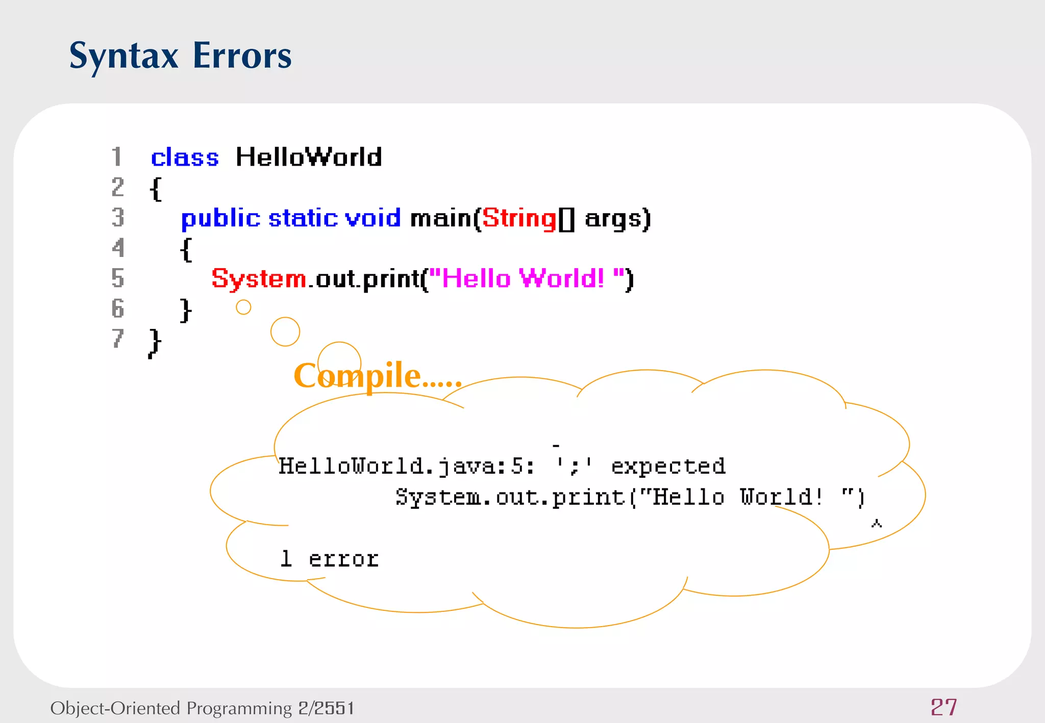 Syntax Errors




                          Compile…..




Object-Oriented Programming 2/2551     27
 