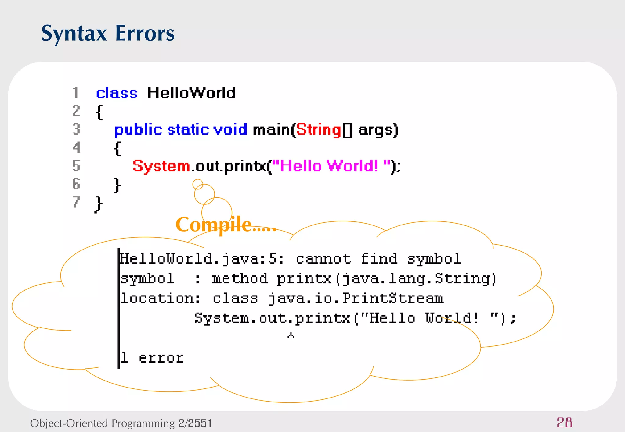 Syntax Errors




                          Compile…..




Object-Oriented Programming 2/2551     28
 