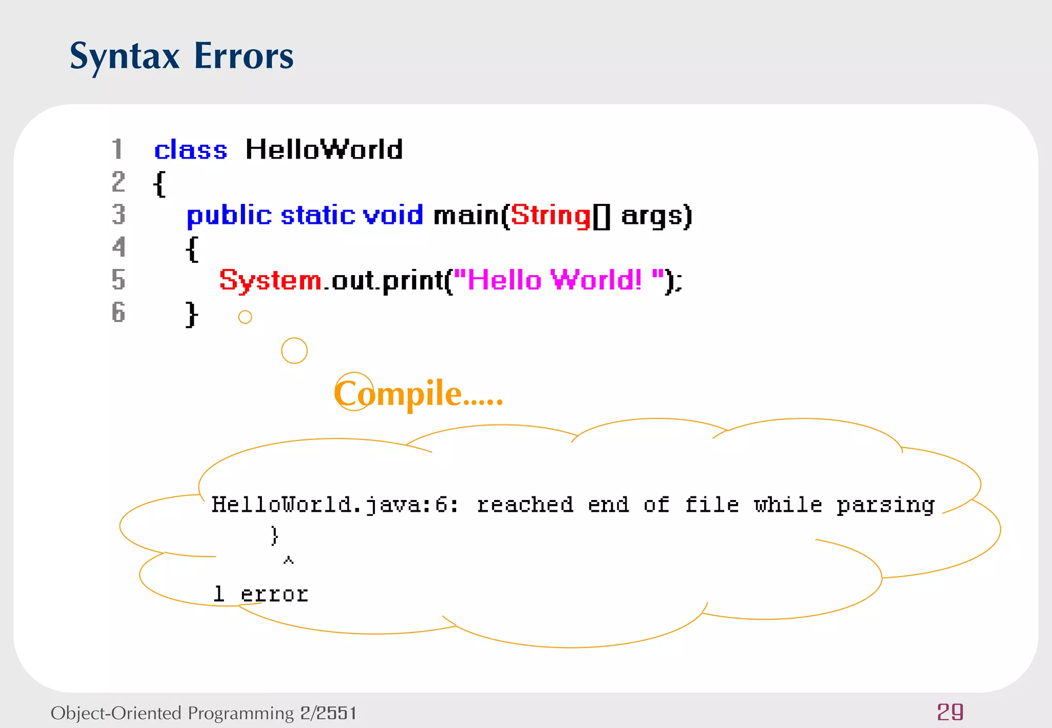 Syntax Errors




                               Compile…..




Object-Oriented Programming 2/2551          29
 