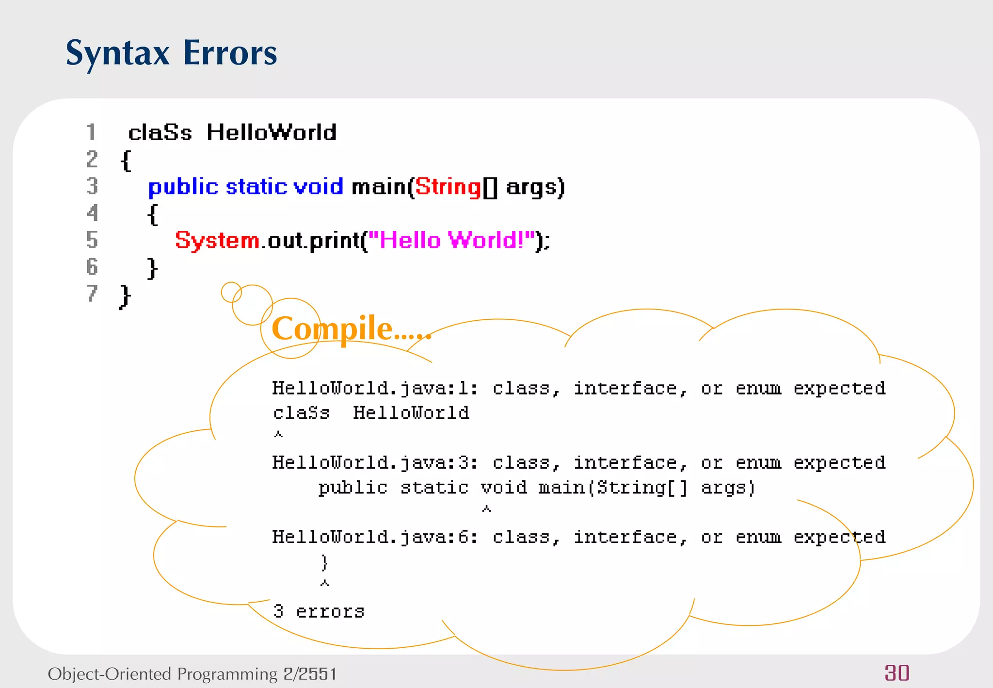 Syntax Errors



                          Compile…..




Object-Oriented Programming 2/2551     30
 