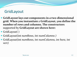 GridLayout
 GridLayout lays out components in a two-dimensional
  grid. When you instantiate a GridLayout, you define the
  number of rows and columns. The constructors
  supported by GridLayout are shown here:
 GridLayout( )
 GridLayout(int numRows, int numColumns )
 GridLayout(int numRows, int numColumns, int horz, int
  vert)



                7decret.com                          113
 