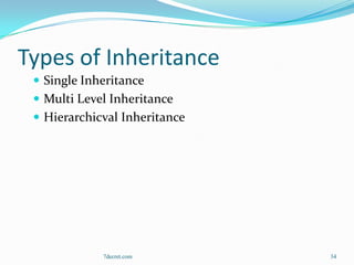Types of Inheritance
  Single Inheritance
  Multi Level Inheritance
  Hierarchicval Inheritance




             7decret.com       34
 