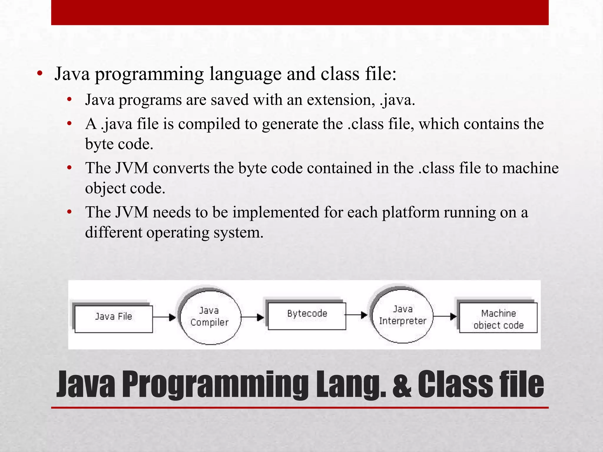 • Java programming language and class file:
• Java programs are saved with an extension, .java.
• A .java file is compiled to generate the .class file, which contains the
byte code.
• The JVM converts the byte code contained in the .class file to machine
object code.
• The JVM needs to be implemented for each platform running on a
different operating system.

Java Programming Lang. & Class file

 
