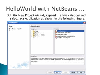 3.In the New Project wizard, expand the Java category and
select Java Application as shown in the following figure:

 