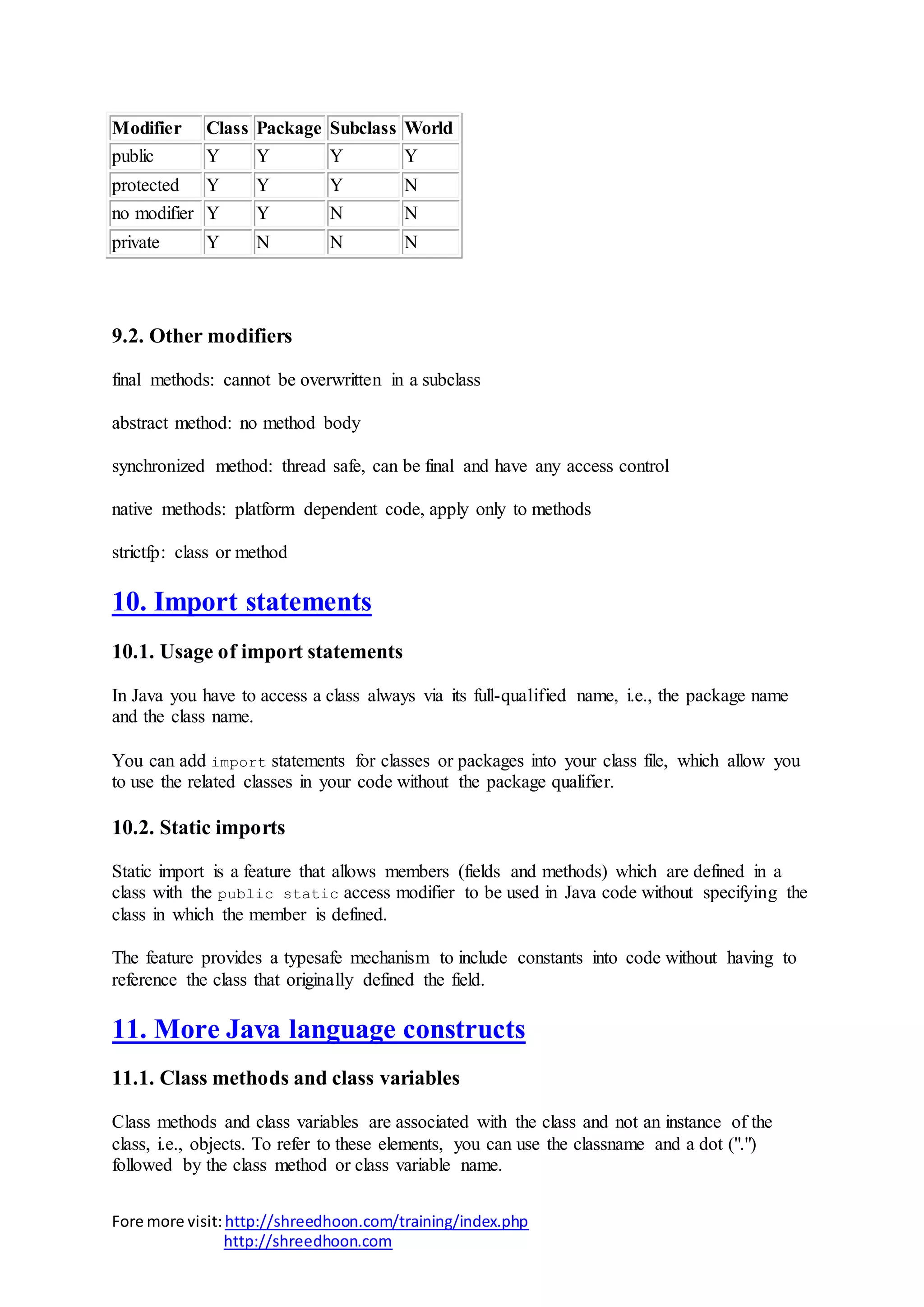 Fore more visit:http://shreedhoon.com/training/index.php
http://shreedhoon.com
Modifier Class Package Subclass World
public Y Y Y Y
protected Y Y Y N
no modifier Y Y N N
private Y N N N
9.2. Other modifiers
final methods: cannot be overwritten in a subclass
abstract method: no method body
synchronized method: thread safe, can be final and have any access control
native methods: platform dependent code, apply only to methods
strictfp: class or method
10. Import statements
10.1. Usage of import statements
In Java you have to access a class always via its full-qualified name, i.e., the package name
and the class name.
You can add import statements for classes or packages into your class file, which allow you
to use the related classes in your code without the package qualifier.
10.2. Static imports
Static import is a feature that allows members (fields and methods) which are defined in a
class with the public static access modifier to be used in Java code without specifying the
class in which the member is defined.
The feature provides a typesafe mechanism to include constants into code without having to
reference the class that originally defined the field.
11. More Java language constructs
11.1. Class methods and class variables
Class methods and class variables are associated with the class and not an instance of the
class, i.e., objects. To refer to these elements, you can use the classname and a dot (".")
followed by the class method or class variable name.
 