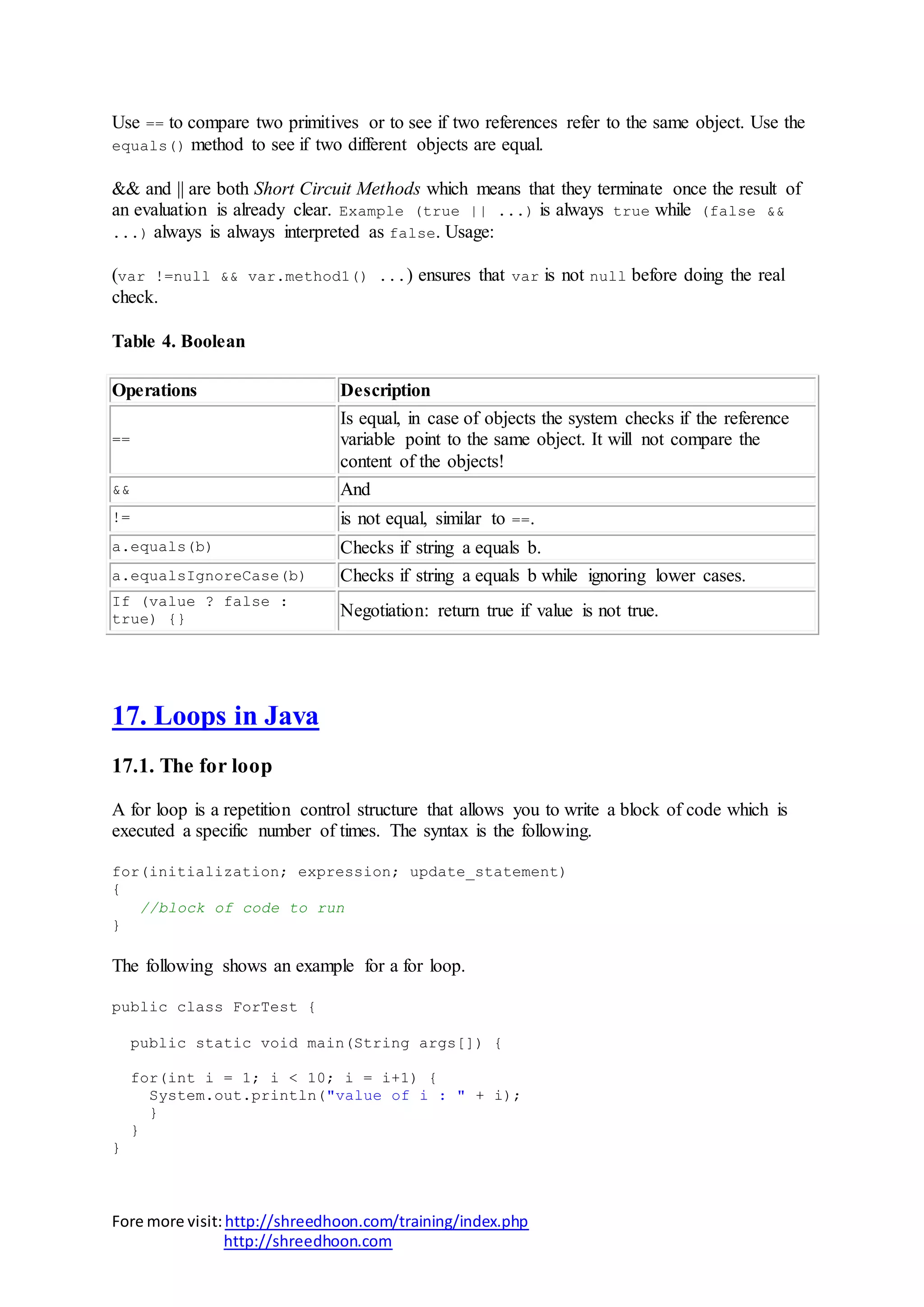 Fore more visit:http://shreedhoon.com/training/index.php
http://shreedhoon.com
Use == to compare two primitives or to see if two references refer to the same object. Use the
equals() method to see if two different objects are equal.
&& and || are both Short Circuit Methods which means that they terminate once the result of
an evaluation is already clear. Example (true || ...) is always true while (false &&
...) always is always interpreted as false. Usage:
(var !=null && var.method1() ...) ensures that var is not null before doing the real
check.
Table 4. Boolean
Operations Description
==
Is equal, in case of objects the system checks if the reference
variable point to the same object. It will not compare the
content of the objects!
&& And
!= is not equal, similar to ==.
a.equals(b) Checks if string a equals b.
a.equalsIgnoreCase(b) Checks if string a equals b while ignoring lower cases.
If (value ? false :
true) {} Negotiation: return true if value is not true.
17. Loops in Java
17.1. The for loop
A for loop is a repetition control structure that allows you to write a block of code which is
executed a specific number of times. The syntax is the following.
for(initialization; expression; update_statement)
{
//block of code to run
}
The following shows an example for a for loop.
public class ForTest {
public static void main(String args[]) {
for(int i = 1; i < 10; i = i+1) {
System.out.println("value of i : " + i);
}
}
}
 