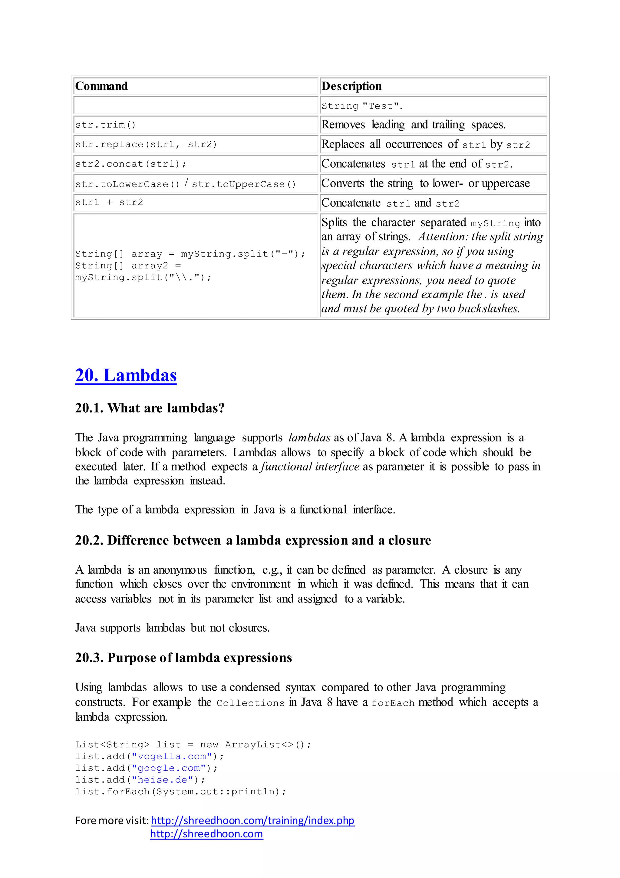 Fore more visit:http://shreedhoon.com/training/index.php
http://shreedhoon.com
Command Description
String "Test".
str.trim() Removes leading and trailing spaces.
str.replace(str1, str2) Replaces all occurrences of str1 by str2
str2.concat(str1); Concatenates str1 at the end of str2.
str.toLowerCase() / str.toUpperCase() Converts the string to lower- or uppercase
str1 + str2 Concatenate str1 and str2
String[] array = myString.split("-");
String[] array2 =
myString.split(".");
Splits the character separated myString into
an array of strings. Attention: the split string
is a regular expression, so if you using
special characters which have a meaning in
regular expressions, you need to quote
them. In the second example the . is used
and must be quoted by two backslashes.
20. Lambdas
20.1. What are lambdas?
The Java programming language supports lambdas as of Java 8. A lambda expression is a
block of code with parameters. Lambdas allows to specify a block of code which should be
executed later. If a method expects a functional interface as parameter it is possible to pass in
the lambda expression instead.
The type of a lambda expression in Java is a functional interface.
20.2. Difference between a lambda expression and a closure
A lambda is an anonymous function, e.g., it can be defined as parameter. A closure is any
function which closes over the environment in which it was defined. This means that it can
access variables not in its parameter list and assigned to a variable.
Java supports lambdas but not closures.
20.3. Purpose of lambda expressions
Using lambdas allows to use a condensed syntax compared to other Java programming
constructs. For example the Collections in Java 8 have a forEach method which accepts a
lambda expression.
List<String> list = new ArrayList<>();
list.add("vogella.com");
list.add("google.com");
list.add("heise.de");
list.forEach(System.out::println);
 