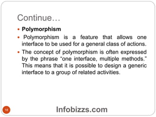 Continue…
 Polymorphism
 Polymorphism is a feature that allows one
interface to be used for a general class of actions.
 The concept of polymorphism is often expressed
by the phrase “one interface, multiple methods.”
This means that it is possible to design a generic
interface to a group of related activities.
18 Infobizzs.com
 