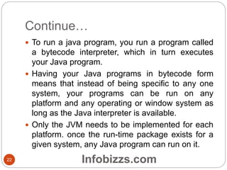 Continue…
 To run a java program, you run a program called
a bytecode interpreter, which in turn executes
your Java program.
 Having your Java programs in bytecode form
means that instead of being specific to any one
system, your programs can be run on any
platform and any operating or window system as
long as the Java interpreter is available.
 Only the JVM needs to be implemented for each
platform. once the run-time package exists for a
given system, any Java program can run on it.
22 Infobizzs.com
 