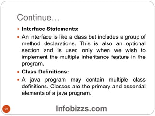 Continue…
 Interface Statements:
 An interface is like a class but includes a group of
method declarations. This is also an optional
section and is used only when we wish to
implement the multiple inheritance feature in the
program.
 Class Definitions:
 A java program may contain multiple class
definitions. Classes are the primary and essential
elements of a java program.
28 Infobizzs.com
 